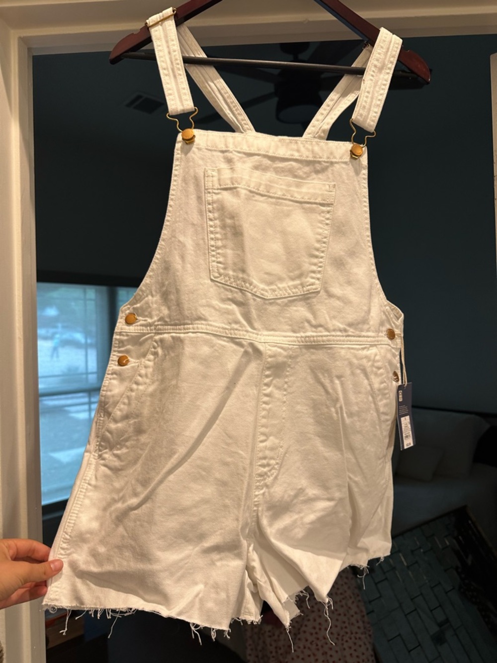 Universal Thread White Denim Short Overalls with Brass Accents